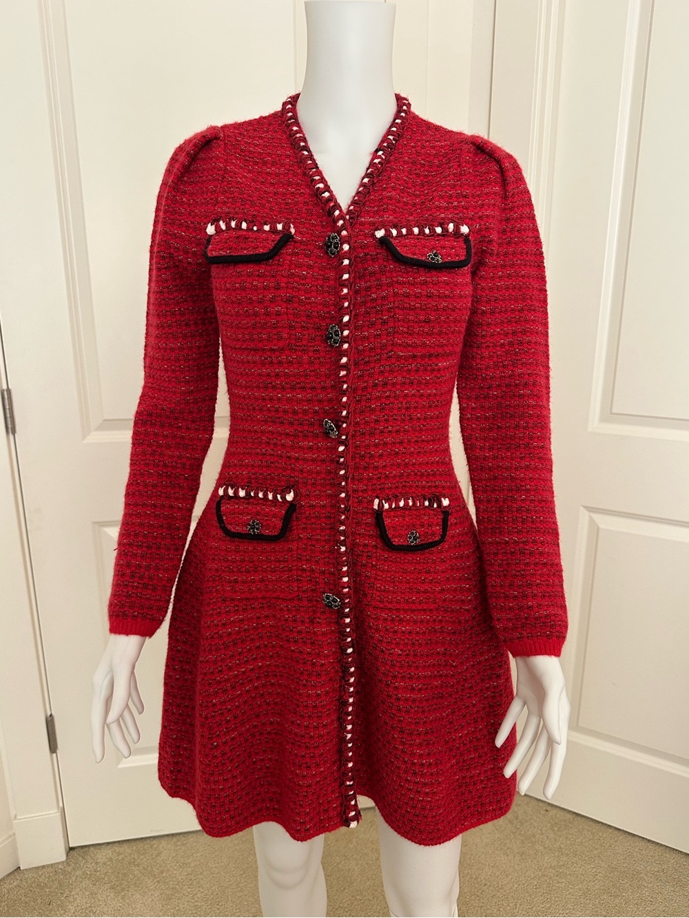 Self-Portrait Red Mélange Knit Button-Front Mini Dress 6  (Missing Buttons)